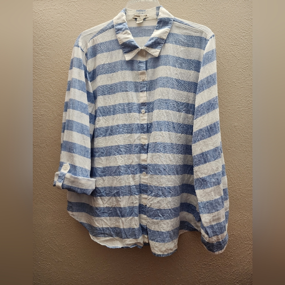 Coldwater Creek Striped Button Down Linen Blouse Blue and White